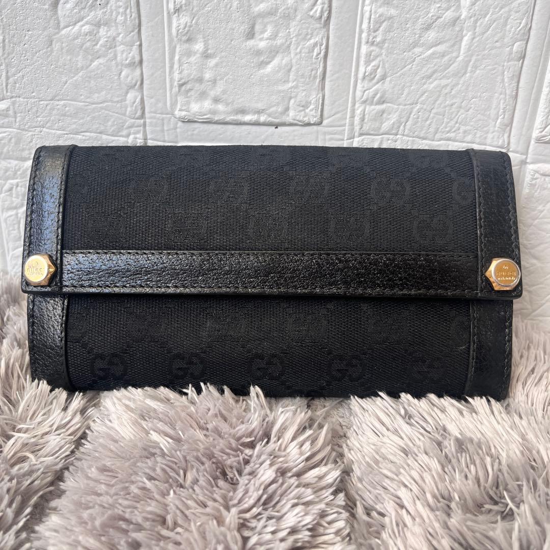 グッチ　GGキャンバス　長財布　ロゴ金具　ブラック　レザー　メンズ