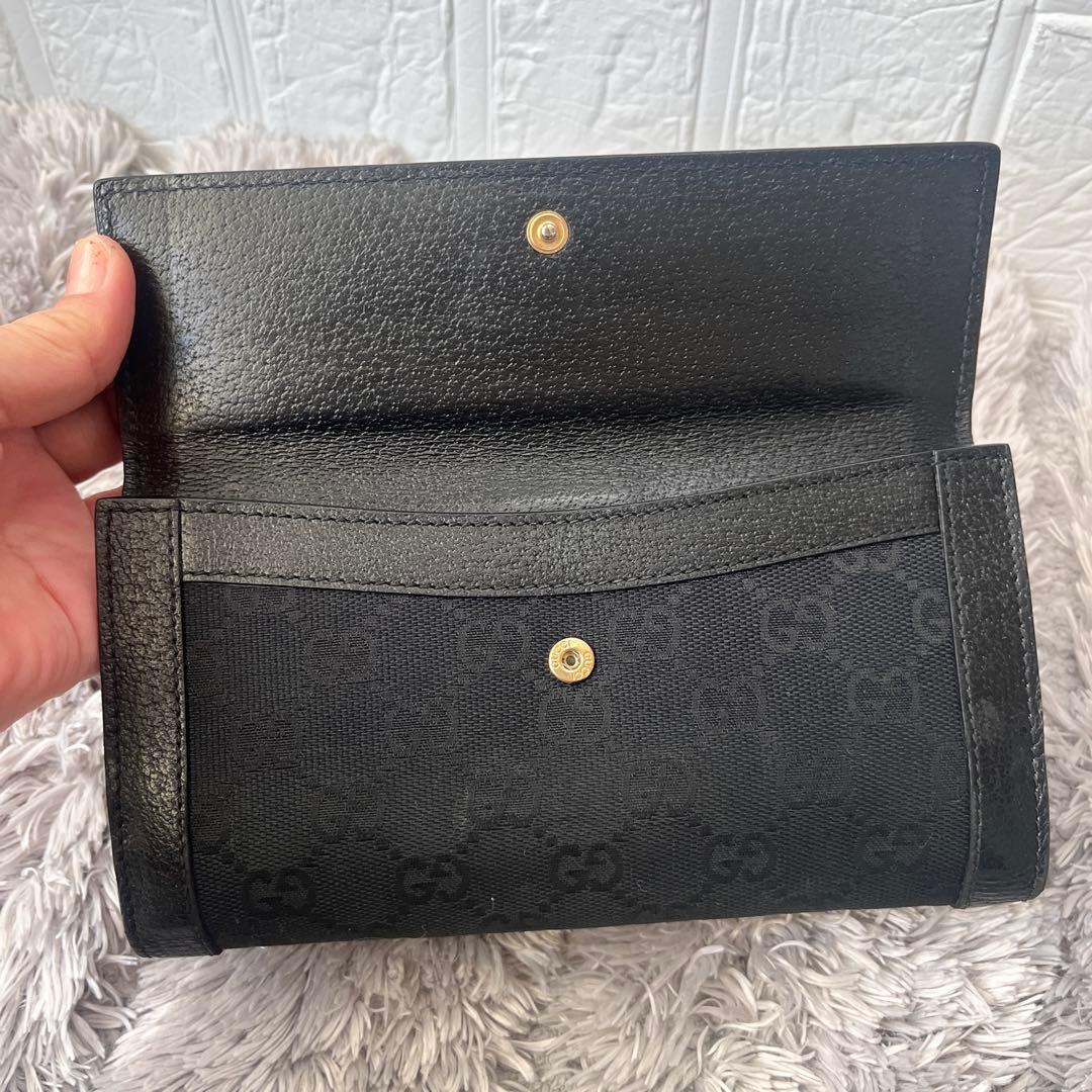 グッチ　GGキャンバス　長財布　ロゴ金具　ブラック　レザー　メンズ