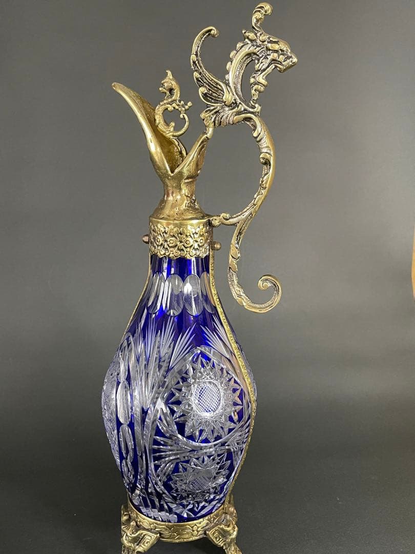 大型豪華特注江戸切子真鍮装飾デカンタ青ガラス