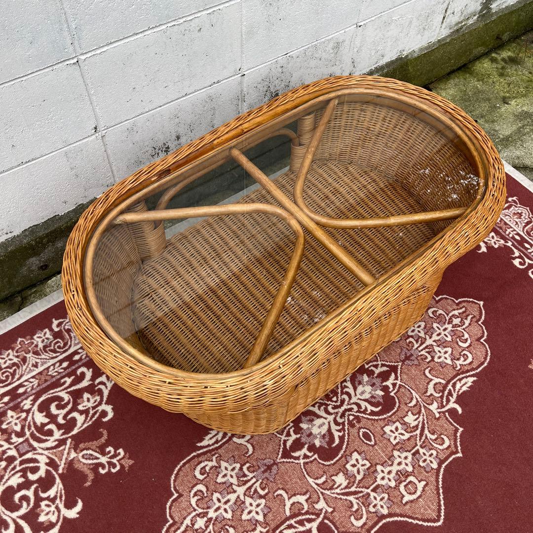 ナチュラル天然素材◾️ガラス天板×籐ラタンフレーム センターテーブル 籐家具