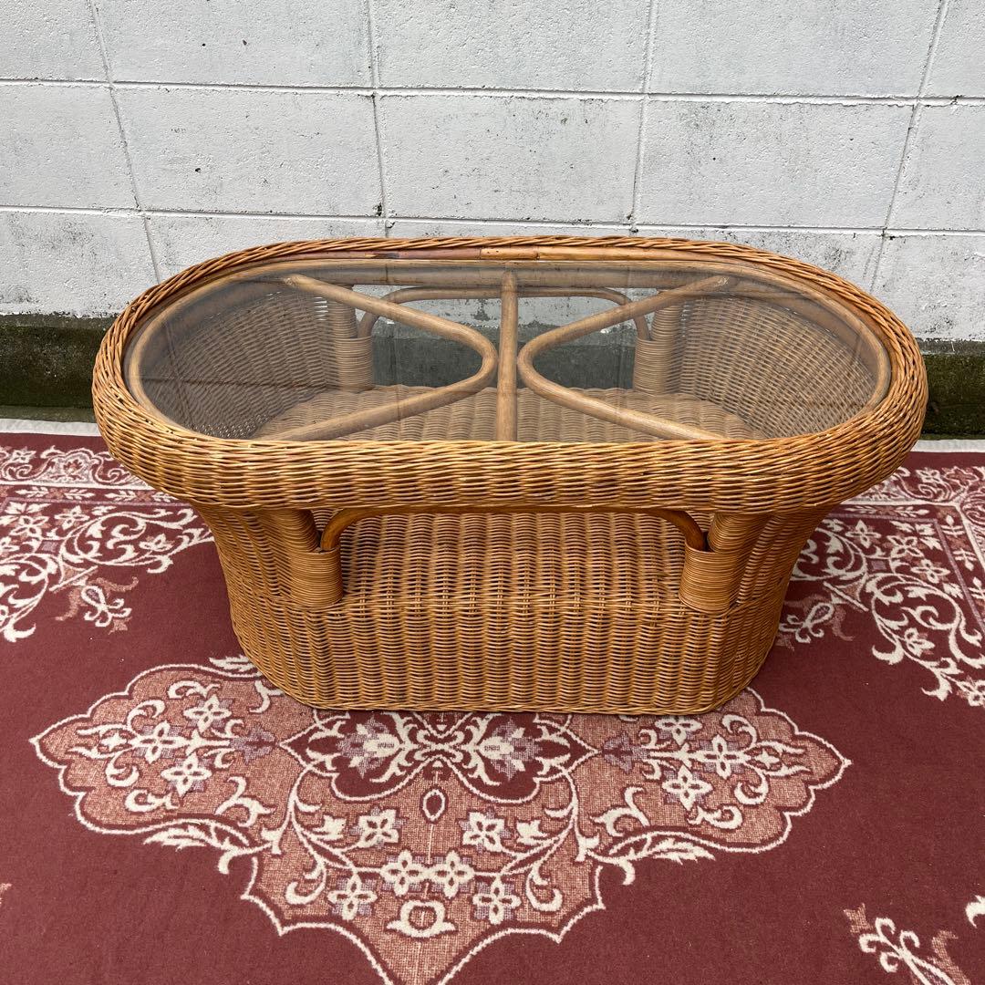 ナチュラル天然素材◾️ガラス天板×籐ラタンフレーム センターテーブル 籐家具