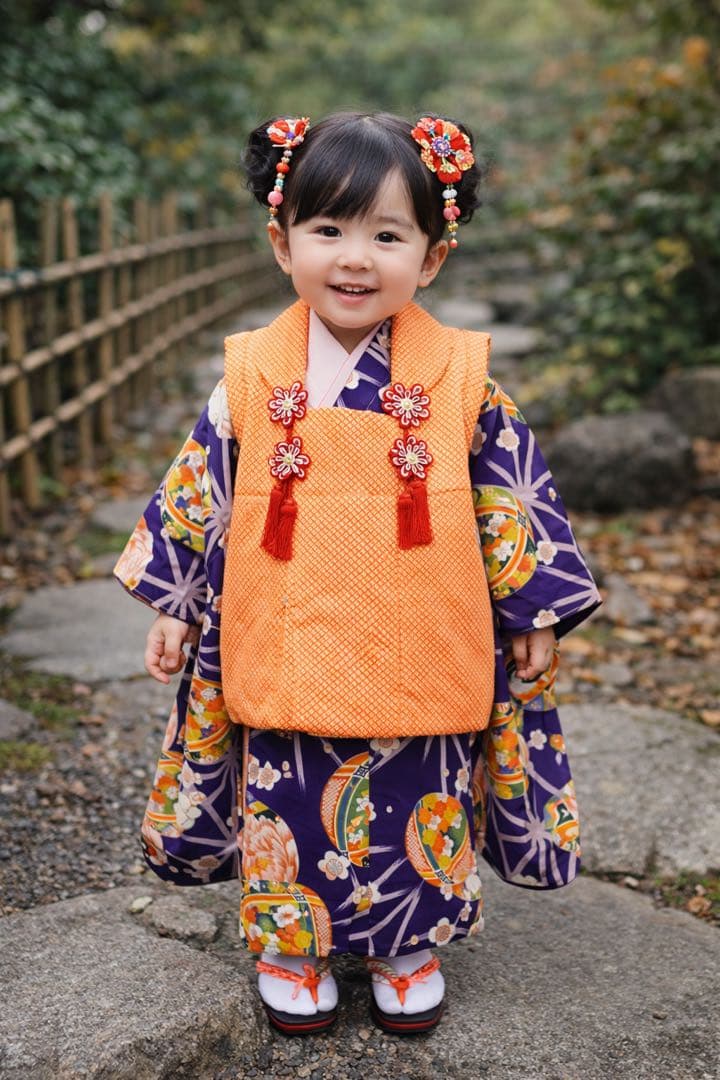 七五三　3歳　被布　着物　紫　かのこ　レトロ　アンティーク