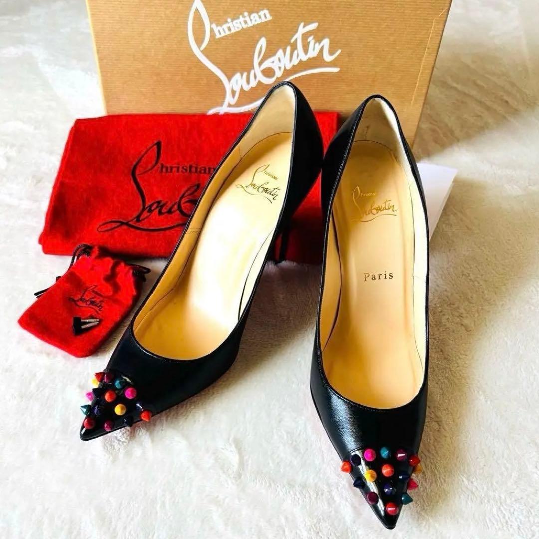 極美品 ルブタン パンプス 37 スタッズ ヒール 黒 レッドソール 購入証明書