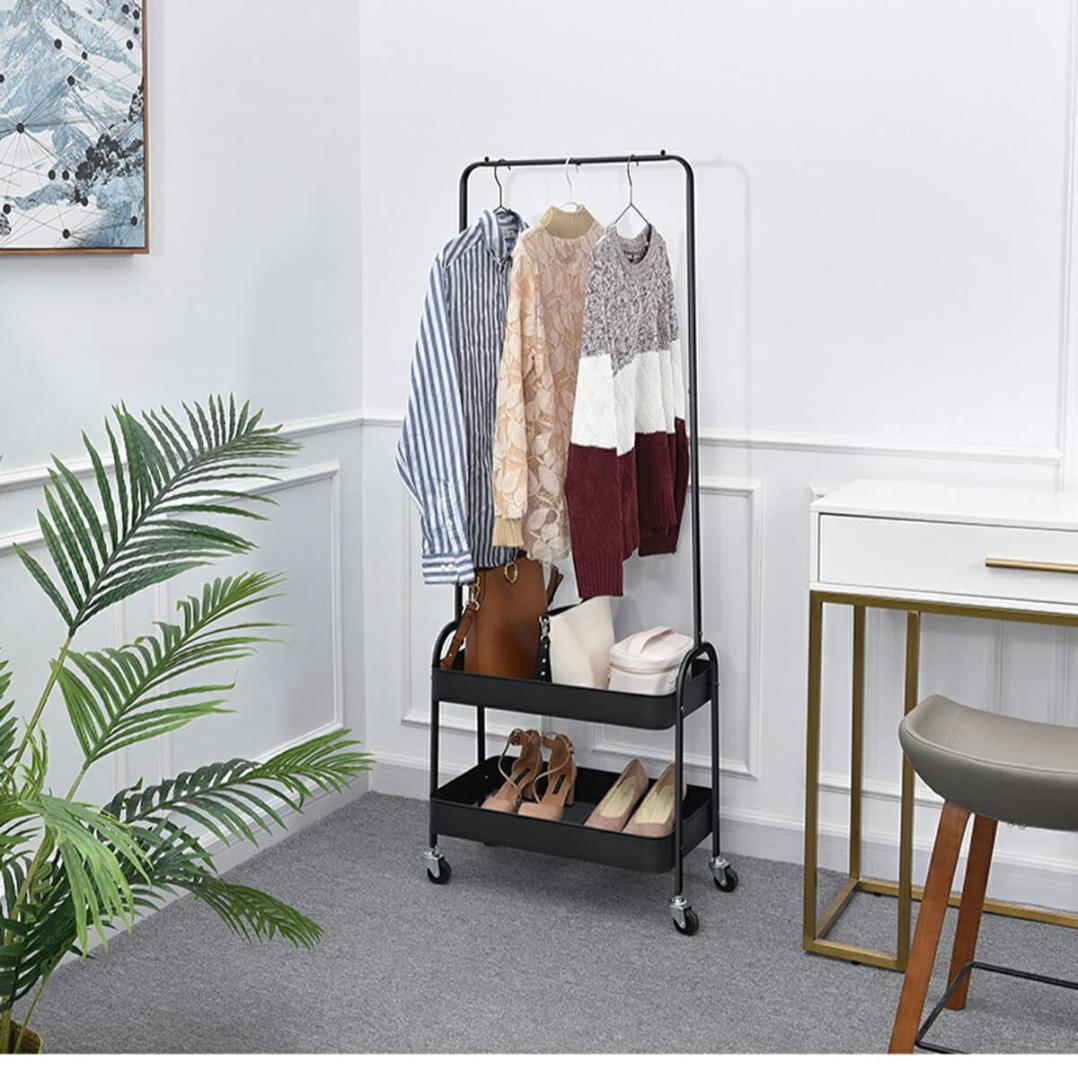 スタイリッシュ収納！ダブルバスケットトローリーハンガーラック