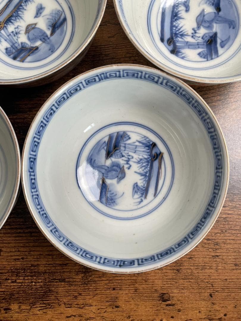 ①古伊万里 金襴手鶴華図茶碗 蓋物 五客 吸物碗/飯碗/お碗/蓋付/40