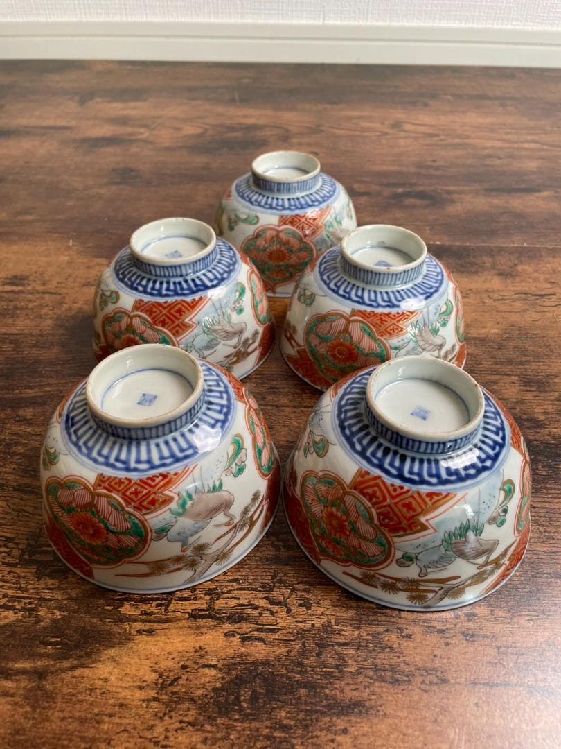 ①古伊万里 金襴手鶴華図茶碗 蓋物 五客 吸物碗/飯碗/お碗/蓋付/40