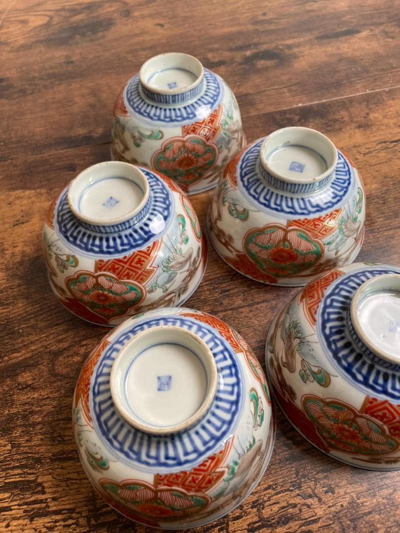 ①古伊万里 金襴手鶴華図茶碗 蓋物 五客 吸物碗/飯碗/お碗/蓋付/40