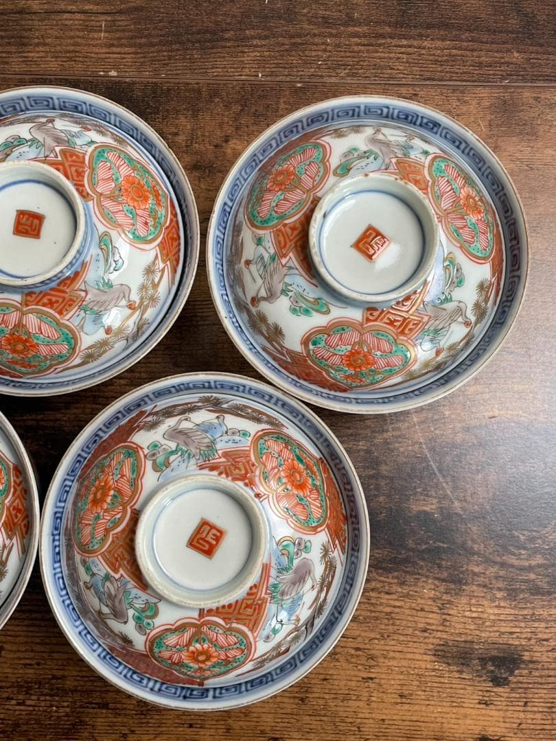 ①古伊万里 金襴手鶴華図茶碗 蓋物 五客 吸物碗/飯碗/お碗/蓋付/40