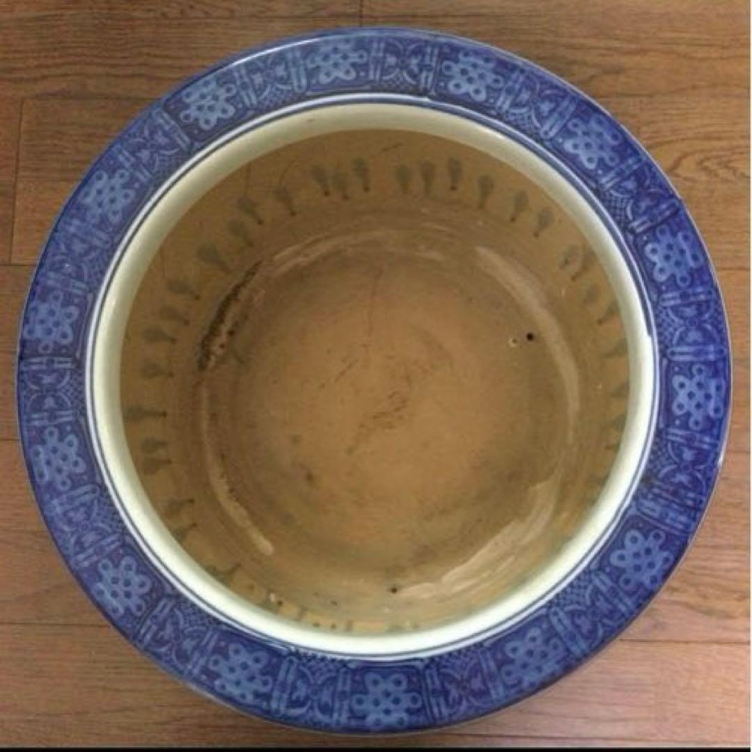 火鉢　手描き藍染め火鉢　アンティーク火鉢　植木鉢　鉢テーブル