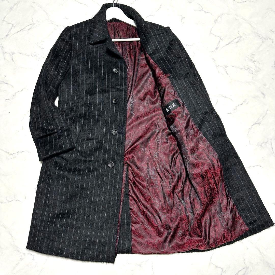 未使用級美品　ランチェッティ　アルパカウールステンカラーコート　ストライプ　黒