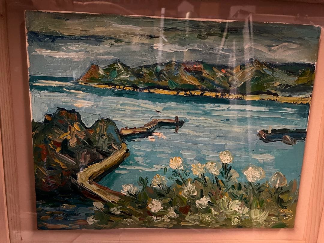 白い花と海の景色絵