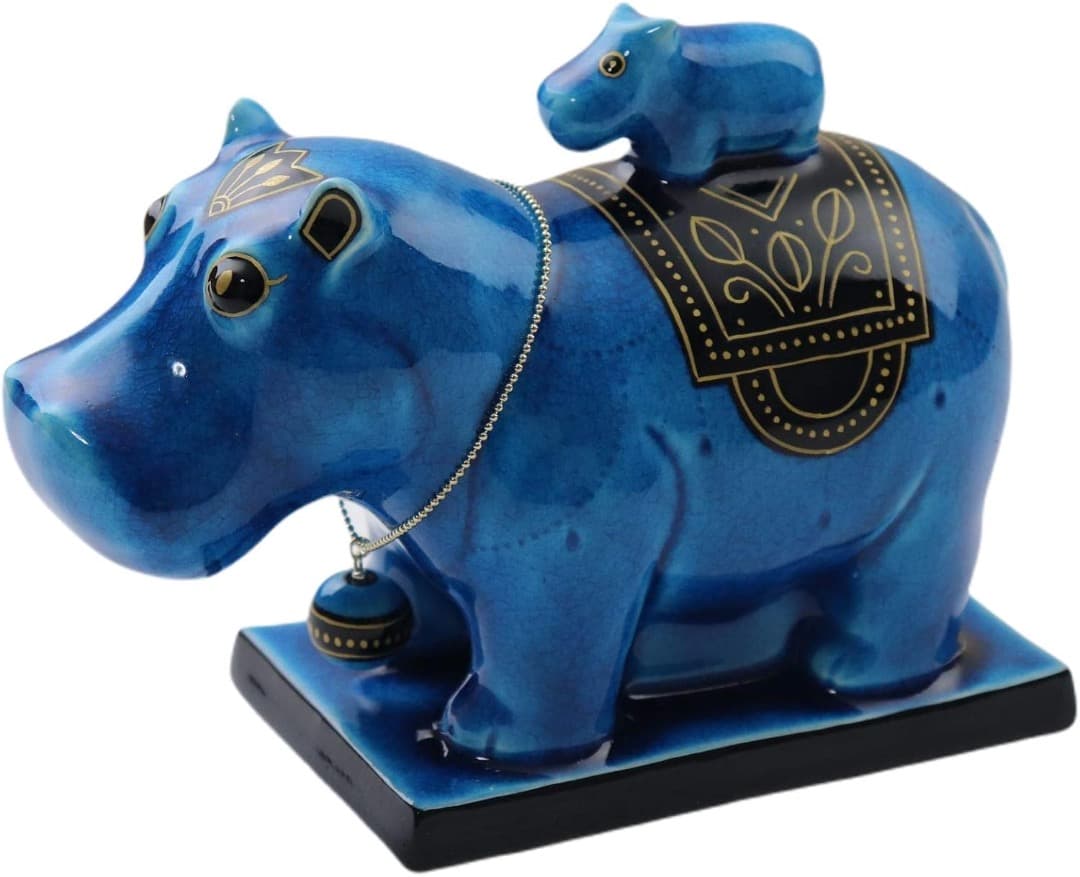 新品　幸兵衛窯 青釉オーナメント タウレト 古代エジプトの神 カバ の置物