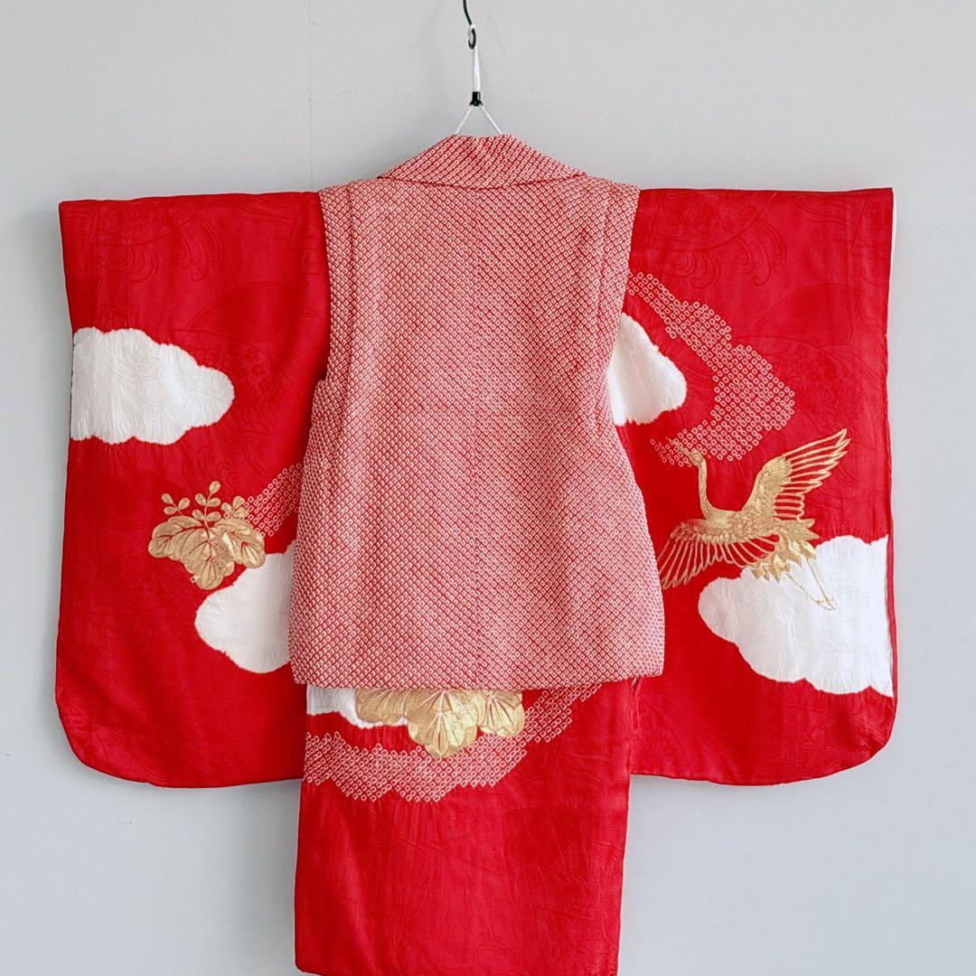 フルセット　七五三３歳女の子　きもの　しぼり被布　赤金刺繍　産着リメイク7046