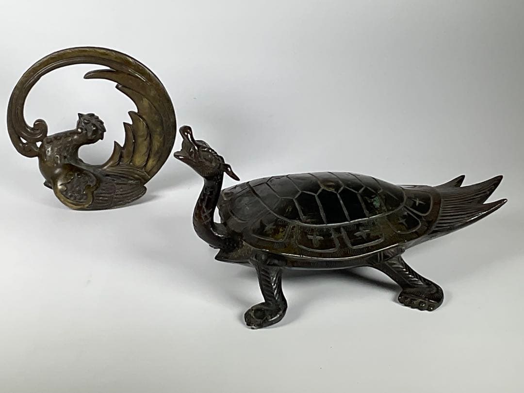 古銅　亀・鳳凰　中国古玩　銅製置物　２点