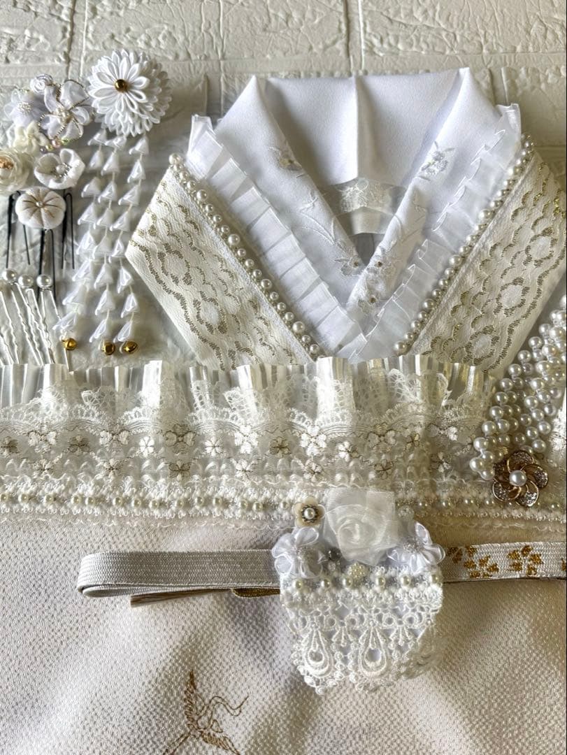 ふりふレース　髪飾りセット 重衿　半衿　帯揚げ　帯締め　パール装飾　振袖セット