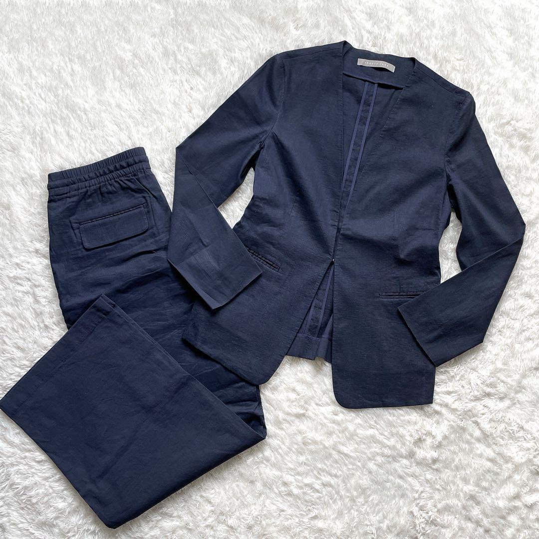 ぬぬ セオリーリュクス リネン ノーカラー セットアップ M ネイビー