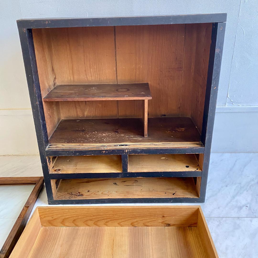 昭和レトロ ガラス戸 収納棚 黒枠 キャビネット 引き出し付き 古道具 食器棚