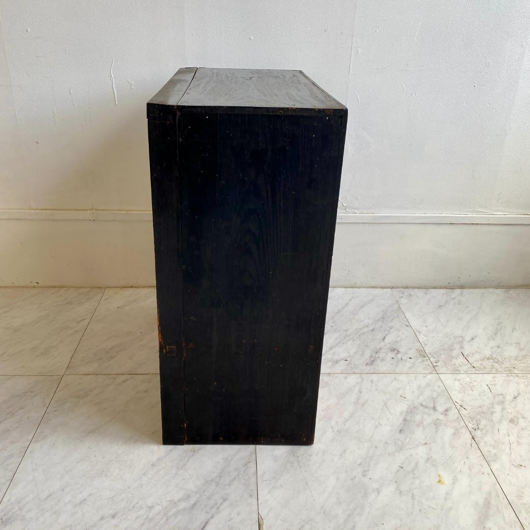 昭和レトロ ガラス戸 収納棚 黒枠 キャビネット 引き出し付き 古道具 食器棚