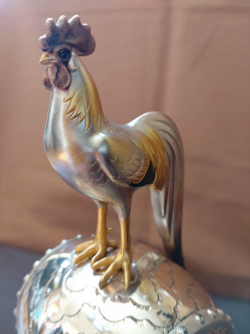 銀製/諫古太鼓/太鼓乗鶏/置物/共箱 ガラスケース付/縁起物/骨董品/美術品/