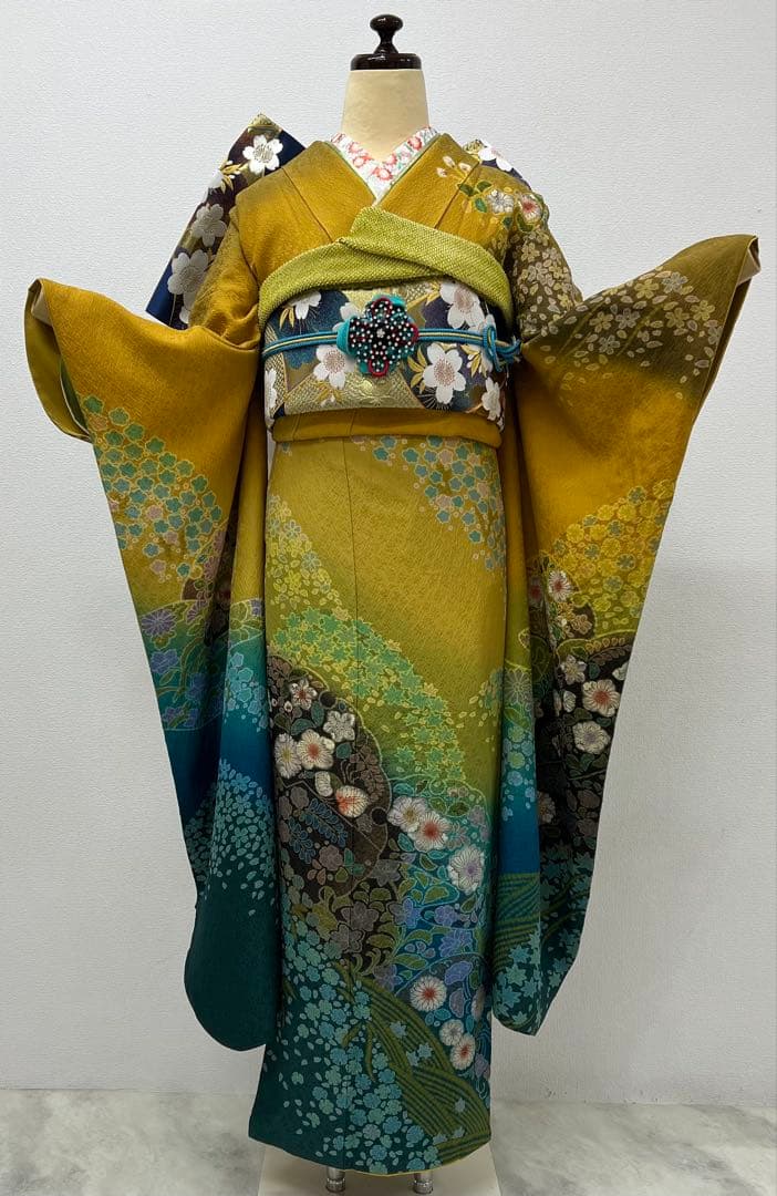 振り袖　フルセット　別誂長襦袢　辻ヶ花　金彩加工　成人式　暈し　辛子色　763