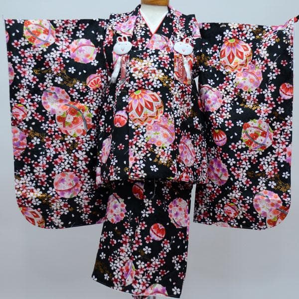 七五三 三歳 女児 被布着物セット 黒色 うさぎ お仕立て無料 NO24221