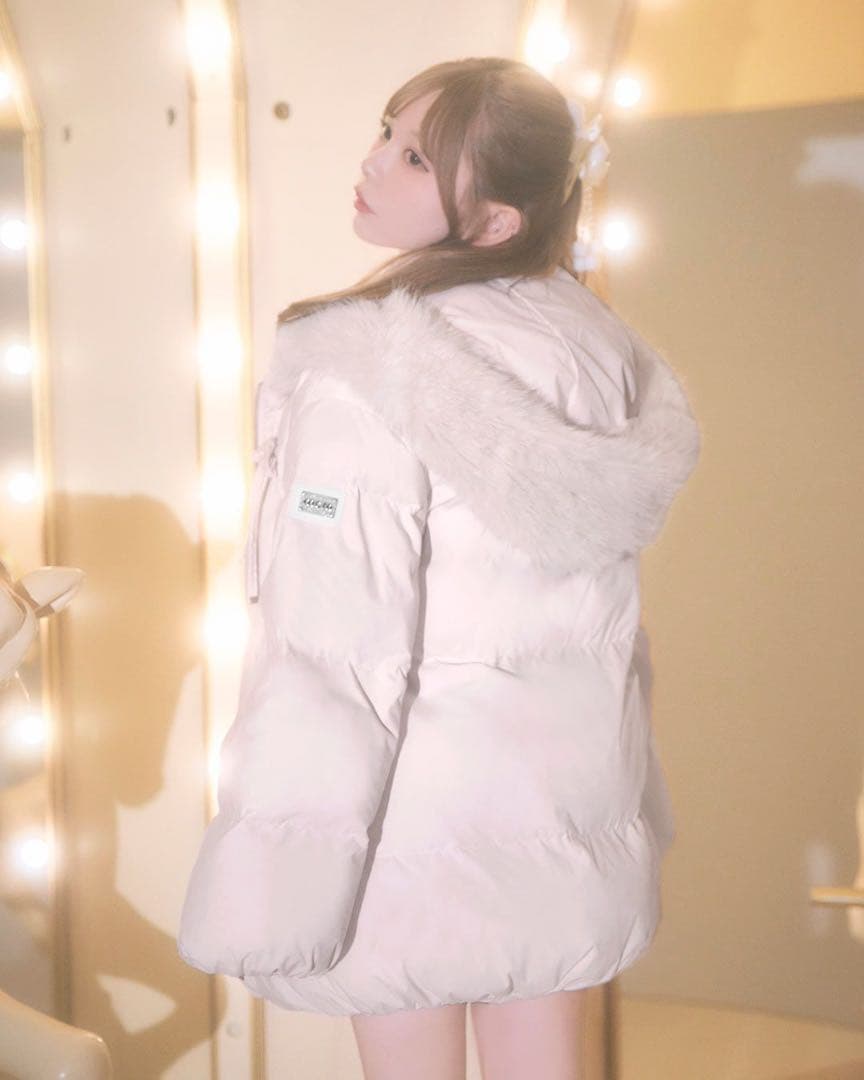 新品タグ付 ミシェルマカロン ピンク フリー ファーフードリボンダウンコート