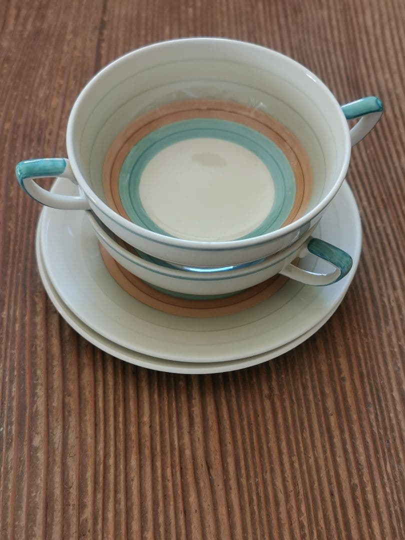 アンティーク スージークーパー スープカップ２客 ウェディングリング ピンク＆緑