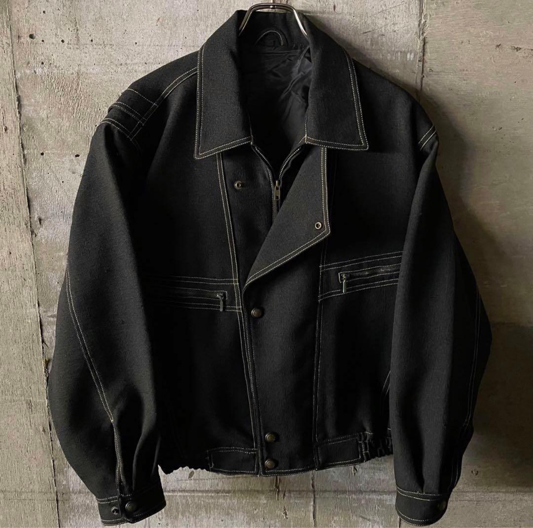 レトロ 古着 ステッチ デザイン ブラック 短丈ブルゾン ジャケット ノームコア