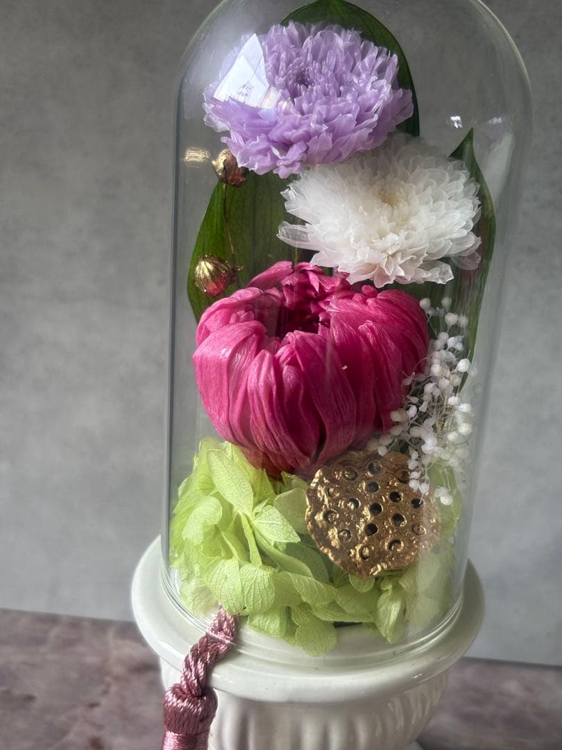 プリザーブドフラワーアレンジメント仏花　一対　ガラスドーム入り