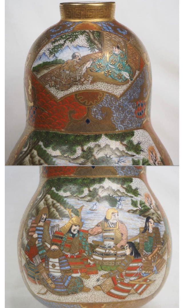 送料無料　明治期 薩摩焼 丸十字家紋　色絵金彩人物図瓢箪形花瓶　高さ23.5ｃｍ