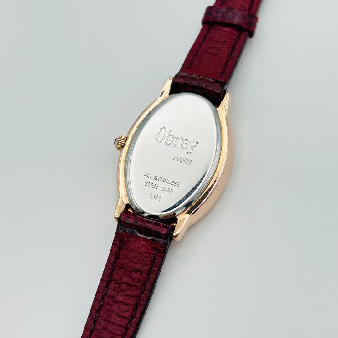 美品 希少 オブレイ ピンク文字盤 新品電池 ゴールド オーバル 腕時計