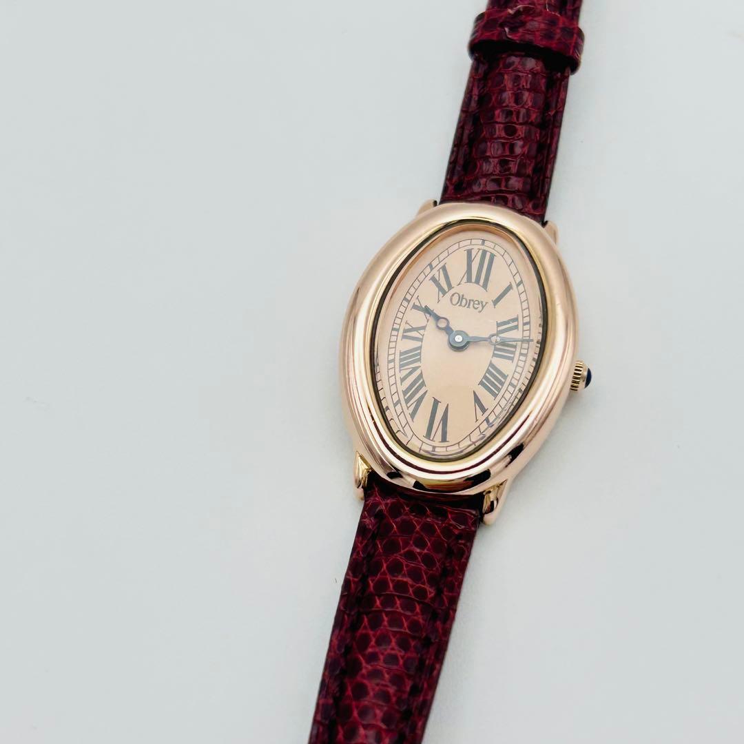 美品 希少 オブレイ ピンク文字盤 新品電池 ゴールド オーバル 腕時計