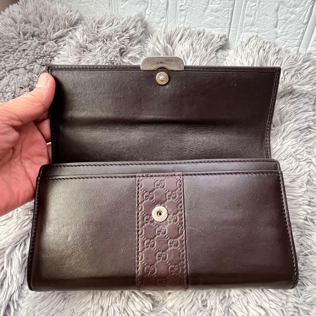 良品✨GUCCI マイクロシマ　レザー　ダークブラウン　シルバーロゴ　長財布