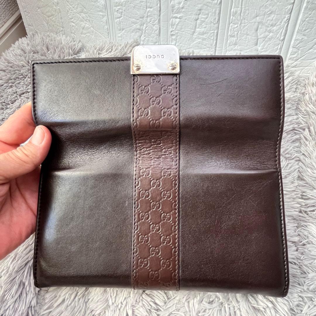 良品✨GUCCI マイクロシマ　レザー　ダークブラウン　シルバーロゴ　長財布
