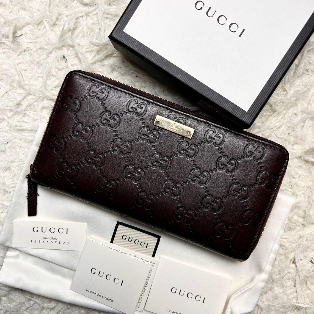 【付属品完備】 GUCCI GG シマ レザー ラウンド 長財布 ブラウン