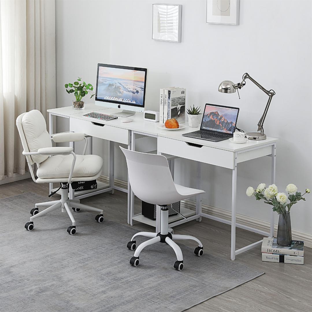 【ホワイト】パソコンデスク 一体分割両用 引き出し付き　収納ラック付き 木製