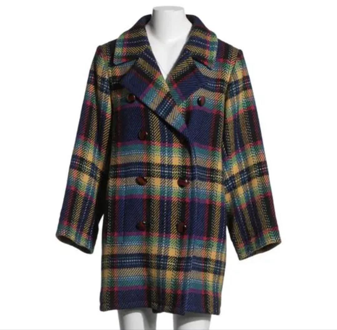 イヴサンローラン ウールコート ツイード タータンチェック マルチカラー 仏製