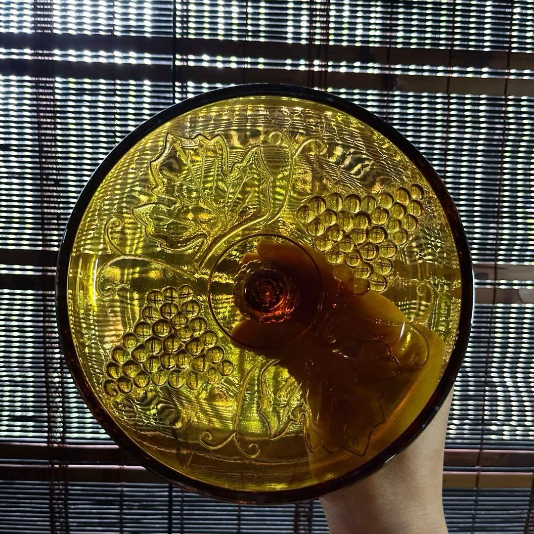 骨董　レトロプレス　カーニバルグラス　アンバー　ラスター彩葡萄模様　キャニスター