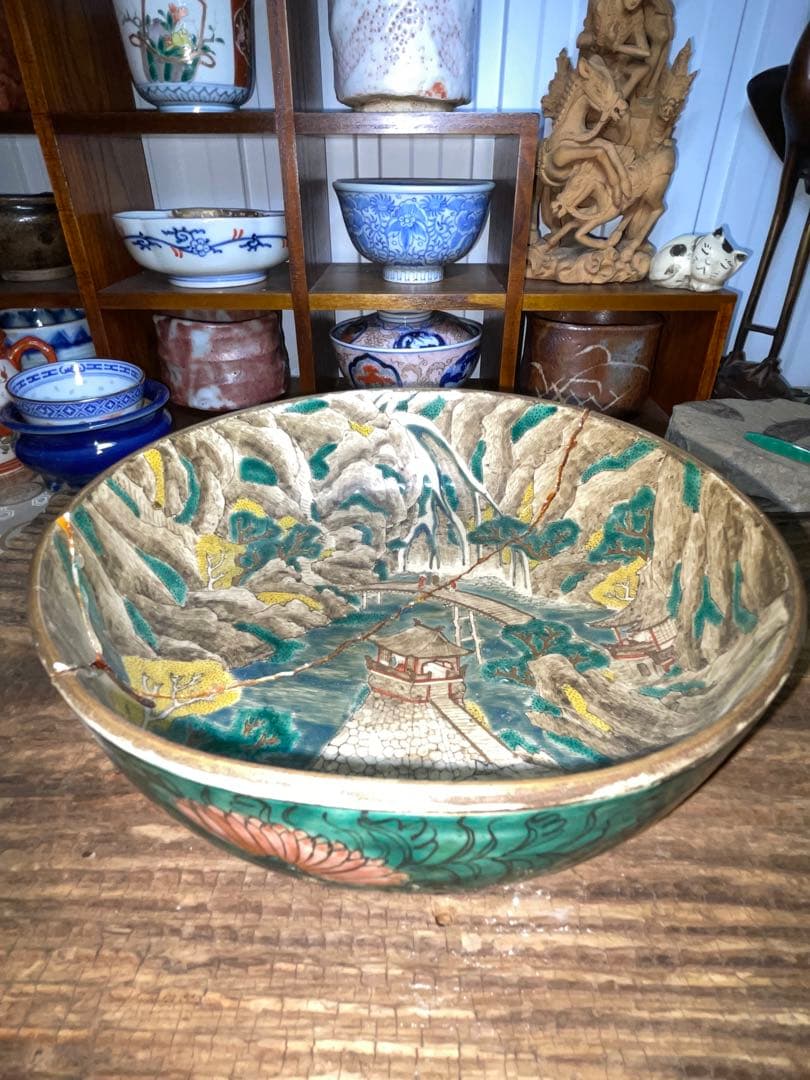 古美術　時代青手古九谷　山水楼閣人物文　鉢角福銘 骨董　博物館級