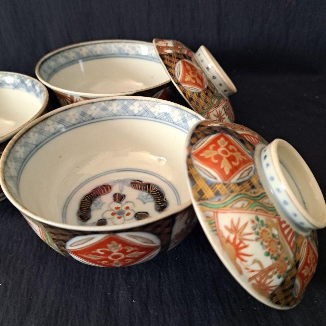 「蓋茶碗の色絵とフォルムを楽しむ！」 古伊万里茶碗(直径11.5cm)3客セット