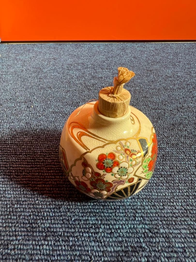 1086 東福窯　中村能久　色絵流水扇面四季草花図　三点揃　未使用