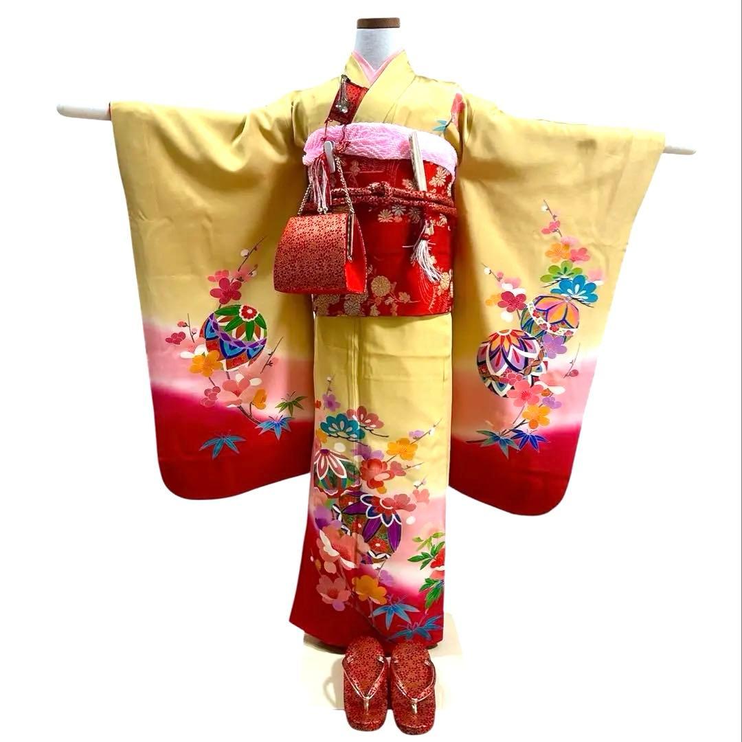 着物　七五三　7歳　女の子　13点　フルセット　黄色　手毬　花文　吉祥文様