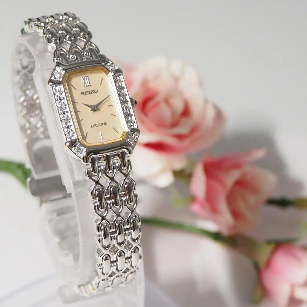 美品 エクセリーヌ セイコー スクエア ダイヤベゼル シェル 腕時計 H113