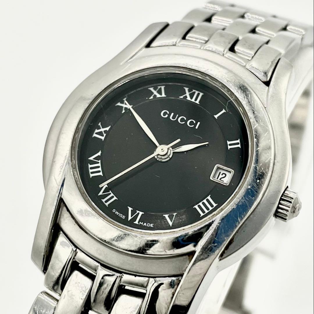 【稼働/新品電池】グッチ 5500L デイト 黒文字盤 腕時計 レディース