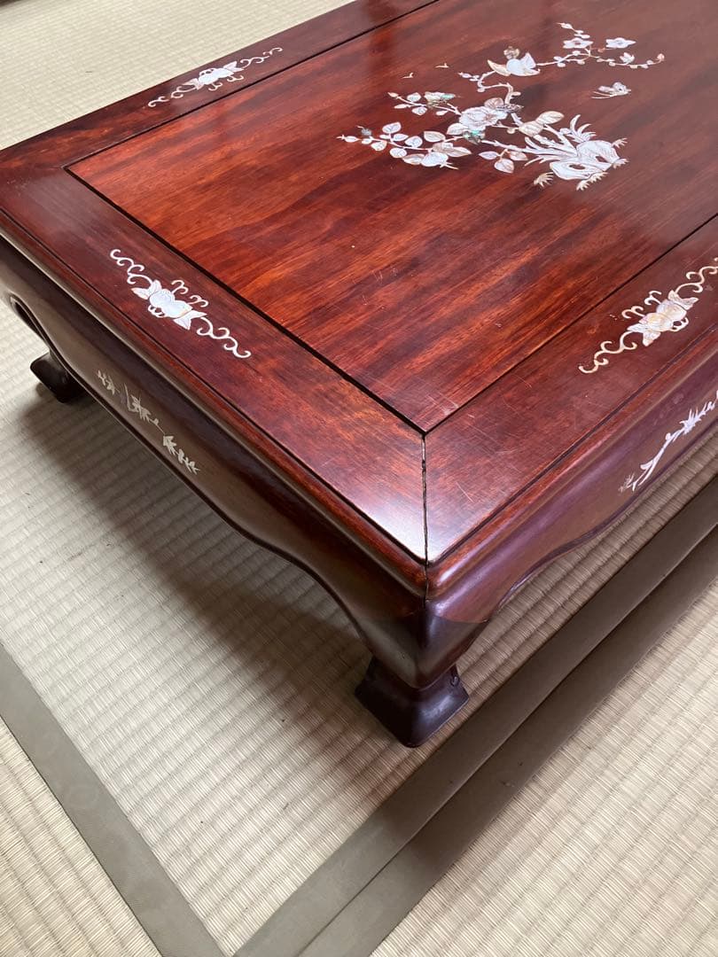 螺鈿テーブル　木製座卓 貝殻細工 花模様