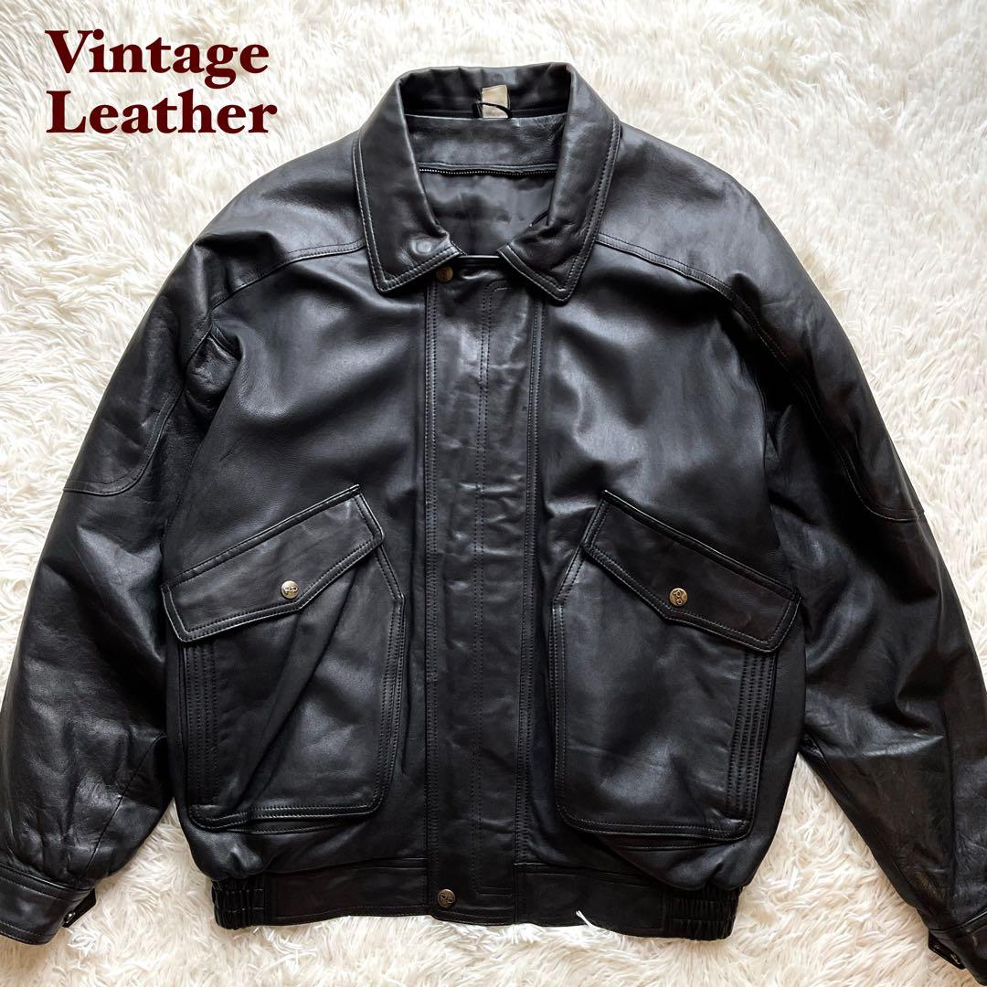 美品✨90's レザージャケット　本革　ボンバー　ブラック　襟付 大きい　XL