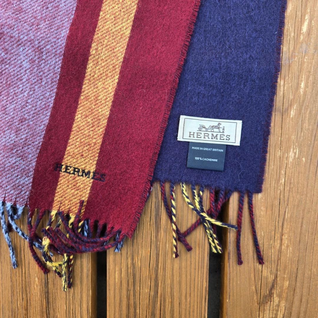 Hermès　エルメス　オルタネートストライプ フリンジ付き マフラー カシミヤ