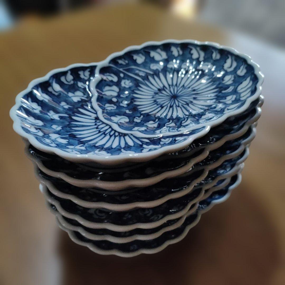 染付　菊花　陶器皿 5枚セット 料亭　割烹　和食　日本食　高級食器　正月