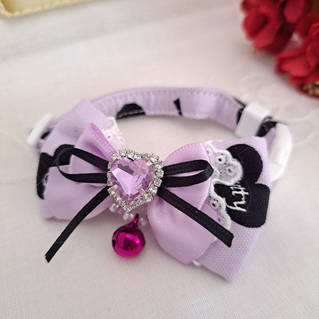 シングルリボン、バレンタインハート柄(パープル)わんちゃん猫ちゃん用首輪