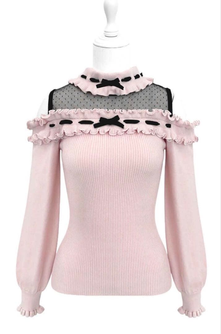 ハニーミュウ ドットチュール肩あきフリルトップス